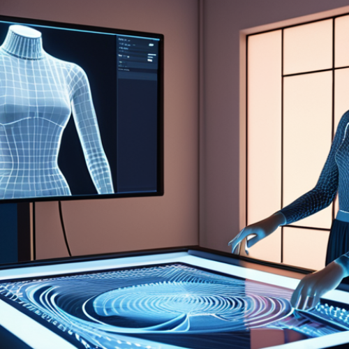 Home 7 Hyperrealistic 3D fashion design studio, a designer's hand interacting with a stylus on a large display showing a detailed virtual garment on a realistic 3D avatar, digital patterns and fabric simulations, subtle glowing lines representing data flow, precision laser cutting equipment in the background, sleek modern furniture, soft studio lighting, concept art, ultra-detailed, octane render.