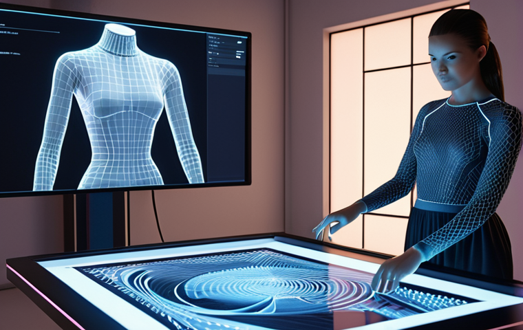 Hyperrealistic 3D fashion design studio, a designer's hand interacting with a stylus on a large display showing a detailed virtual garment on a realistic 3D avatar, digital patterns and fabric simulations, subtle glowing lines representing data flow, precision laser cutting equipment in the background, sleek modern furniture, soft studio lighting, concept art, ultra-detailed, octane render.