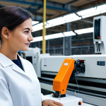 A professional female factory supervisor in a modest, fully clothed work uniform, standing confidently amidst a modern, high-tech textile manufacturing facility. Robotic arms precisely place fabric pieces while automated sewing machines operate in the background. The scene emphasizes the seamless integration of advanced technology and human oversight in a clean, brightly lit environment. Perfect anatomy, correct proportions, natural pose, well-formed hands, proper finger count, professional photography, high quality, safe for work, appropriate content, family-friendly.