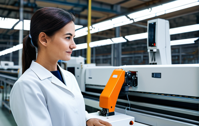 A professional female factory supervisor in a modest, fully clothed work uniform, standing confidently amidst a modern, high-tech textile manufacturing facility. Robotic arms precisely place fabric pieces while automated sewing machines operate in the background. The scene emphasizes the seamless integration of advanced technology and human oversight in a clean, brightly lit environment. Perfect anatomy, correct proportions, natural pose, well-formed hands, proper finger count, professional photography, high quality, safe for work, appropriate content, family-friendly.