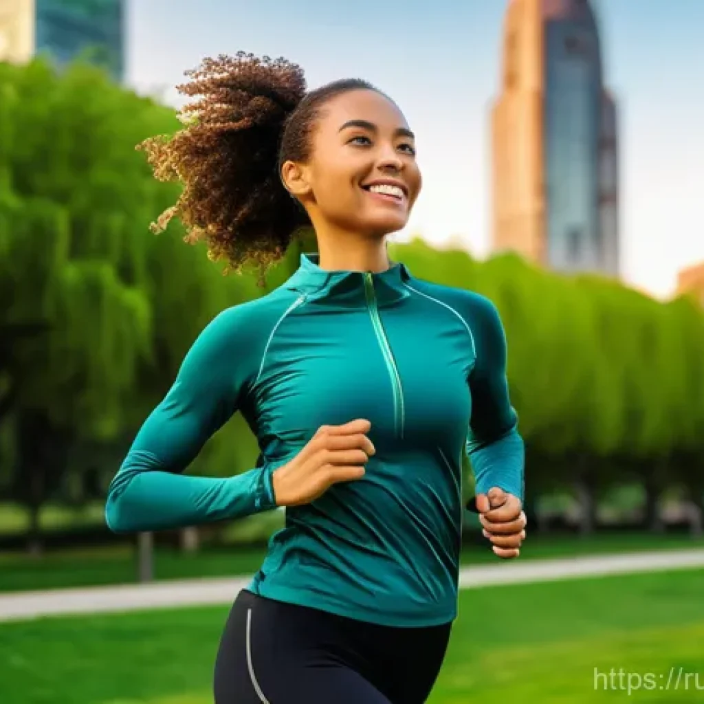 의류기술 관련 해외 워크숍 - **Prompt:** A dynamic, athletic woman in her late 20s is jogging through a lush, modern urban park a...