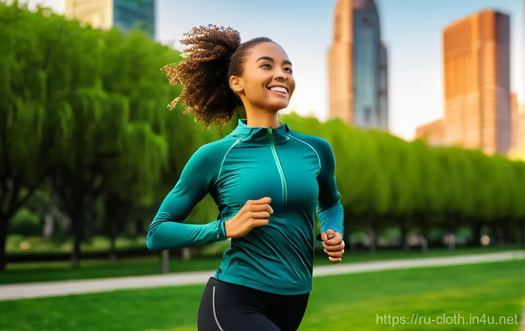 의류기술 관련 해외 워크숍 - **Prompt:** A dynamic, athletic woman in her late 20s is jogging through a lush, modern urban park a...