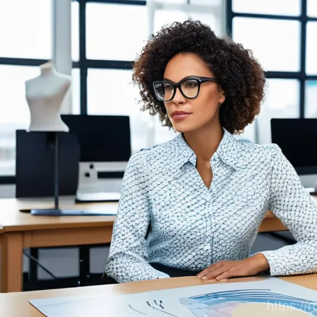 의류기술자의 하루 업무 루틴 - **"Architect of Fashion: Digital Design and Planning"**
    A focused, intelligent female sewing tec...