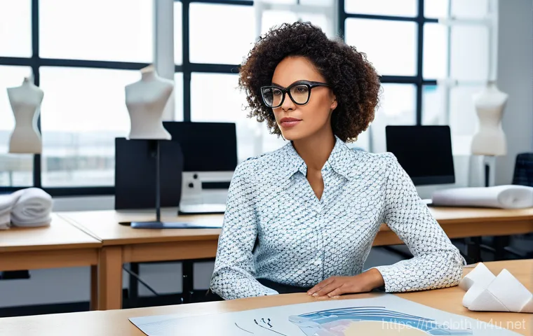 의류기술자의 하루 업무 루틴 - **"Architect of Fashion: Digital Design and Planning"**
A focused, intelligent female sewing tec...