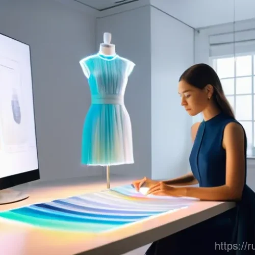 Home 12 의류기술 경력 10년의 경험담 - **Prompt:** A young, determined female fashion designer, in her late 20s, works in a sleek, modern R...