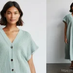 Home 1 의류기술 이론의 기초부터 심화 - **Sustainable Future Fashion:** A confident young woman in her mid-20s, with a radiant smile, modeli...