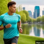 의류기술 블로그 글쓰기 주제 - A modern sportswear scene featuring a young adult male athlete wearing a smart fabric running shirt ...