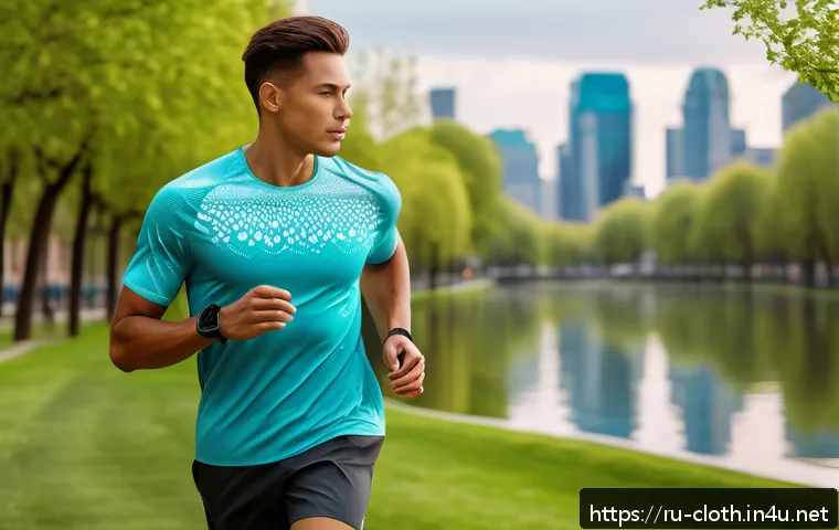 의류기술 블로그 글쓰기 주제 - A modern sportswear scene featuring a young adult male athlete wearing a smart fabric running shirt ...