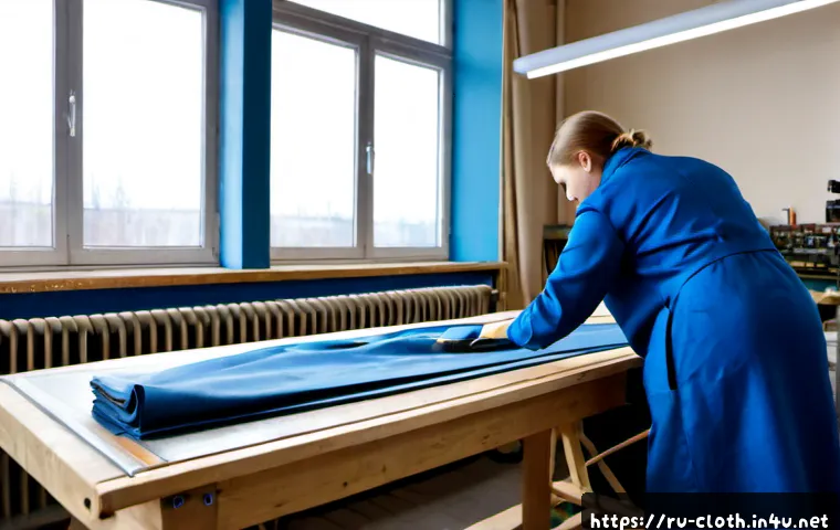 Home 17 의류제작 공정별 분석 - Photorealistic garment production workflow in a modern Russian clothing workshop, a skilled tailor i...