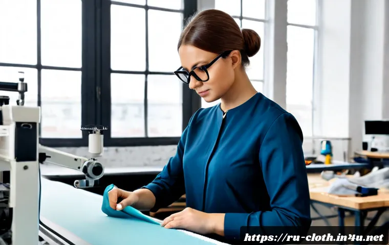 Home 17 의류기술 직업의 장단점 - Photorealistic fashion technology professional in a modern Moscow apparel workshop, a focused Russia...